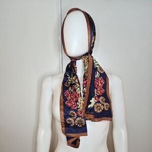 Adrienne Vittadini Foral Navy and Brown Scarf 100% Silk Printed In Korea